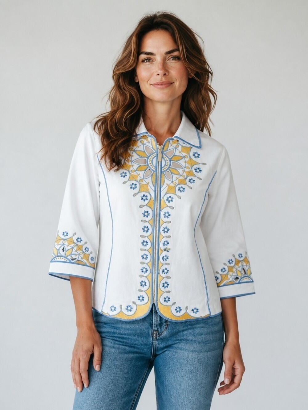 Bob Mackie Embroidered Cut Out Jacket White Blue Gold Artsy Designer Womens Med